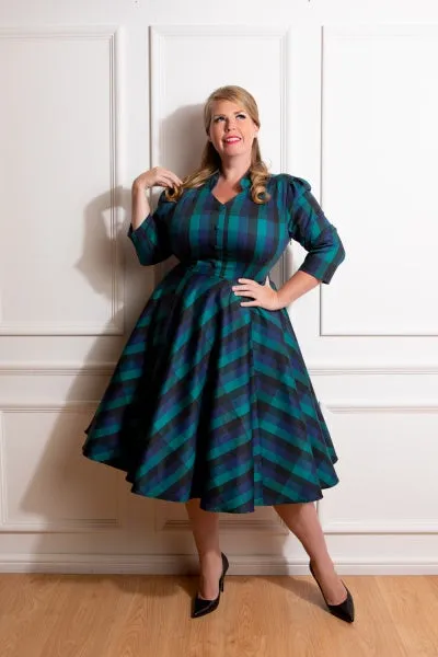 Louisa 1950s Blue Black Green Check 3 Quarter Sleeve Swing Dress - size 22