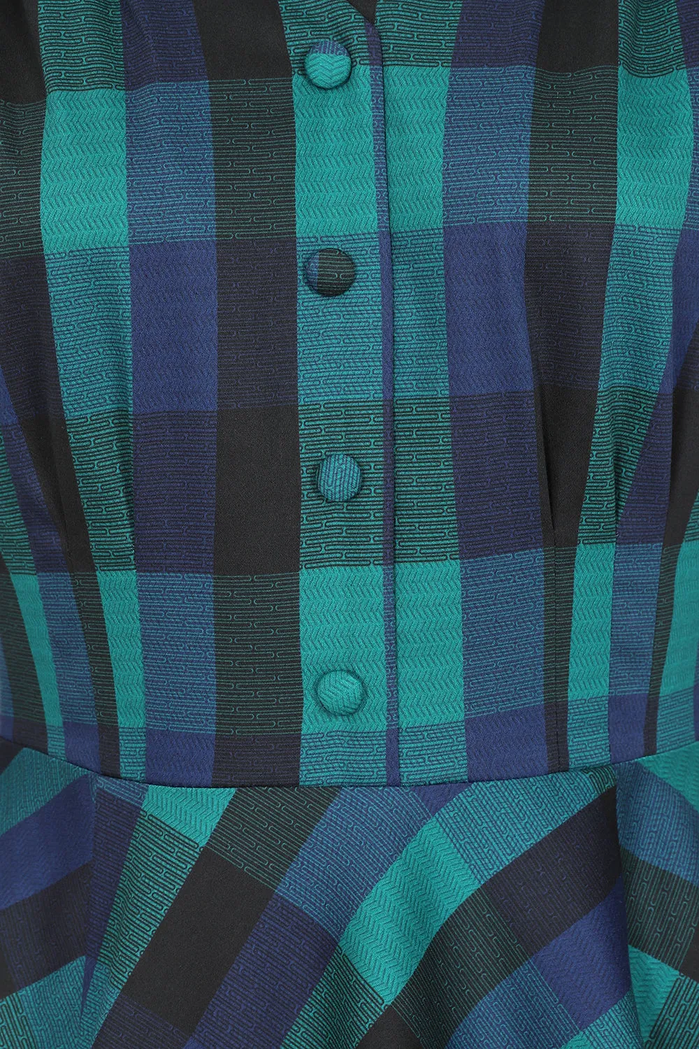 Louisa 1950s Blue Black Green Check 3 Quarter Sleeve Swing Dress - size 22