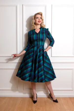 Louisa 1950s Blue Black Green Check 3 Quarter Sleeve Swing Dress - size 22
