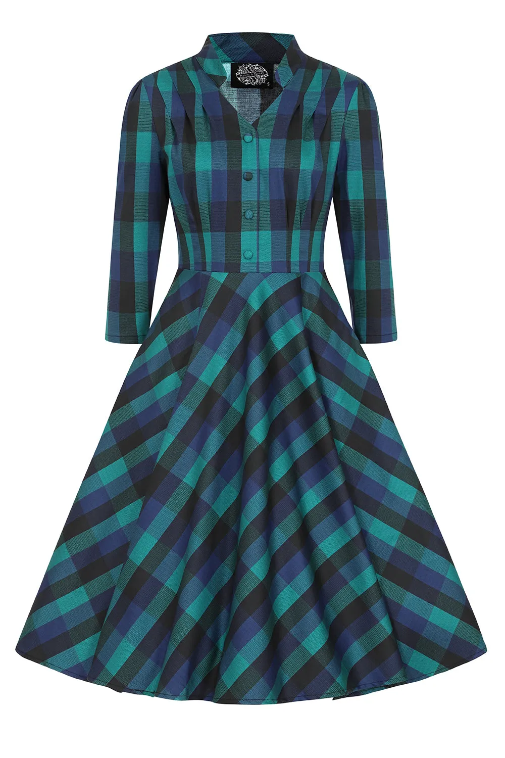 Louisa 1950s Blue Black Green Check 3 Quarter Sleeve Swing Dress - size 22