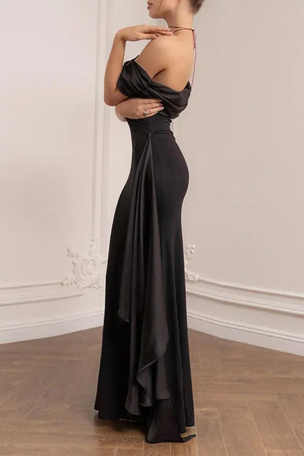 Luolandi Sexy formal attire solid color mesh diagonal collar evening dress Black