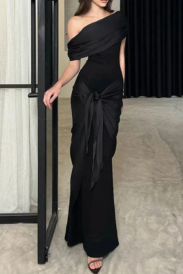 Luolandi Sexy formal attire solid color mesh diagonal collar evening dress Black