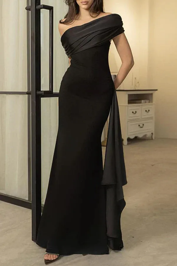 Luolandi Sexy formal attire solid color mesh diagonal collar evening dress Black