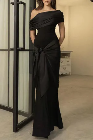 Luolandi Sexy formal attire solid color mesh diagonal collar evening dress Black