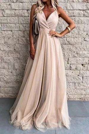 Luolandi Sexy formal attire solid color mesh V-neck evening dress Floor Length