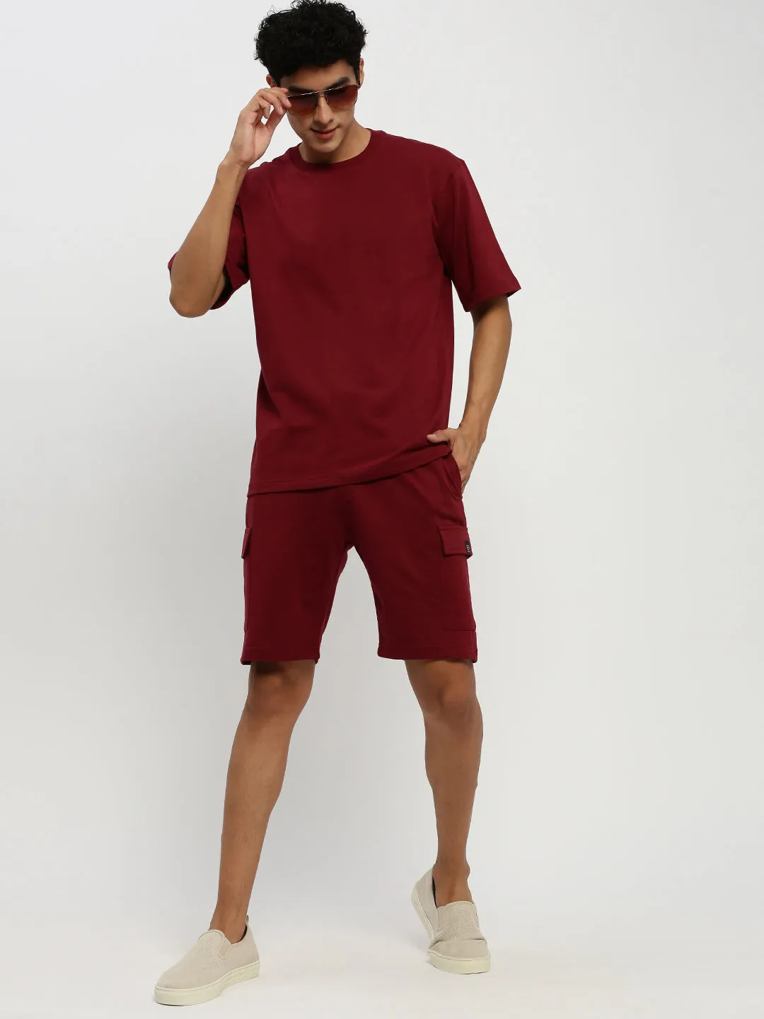 Men Maroon Solid Co ordSet