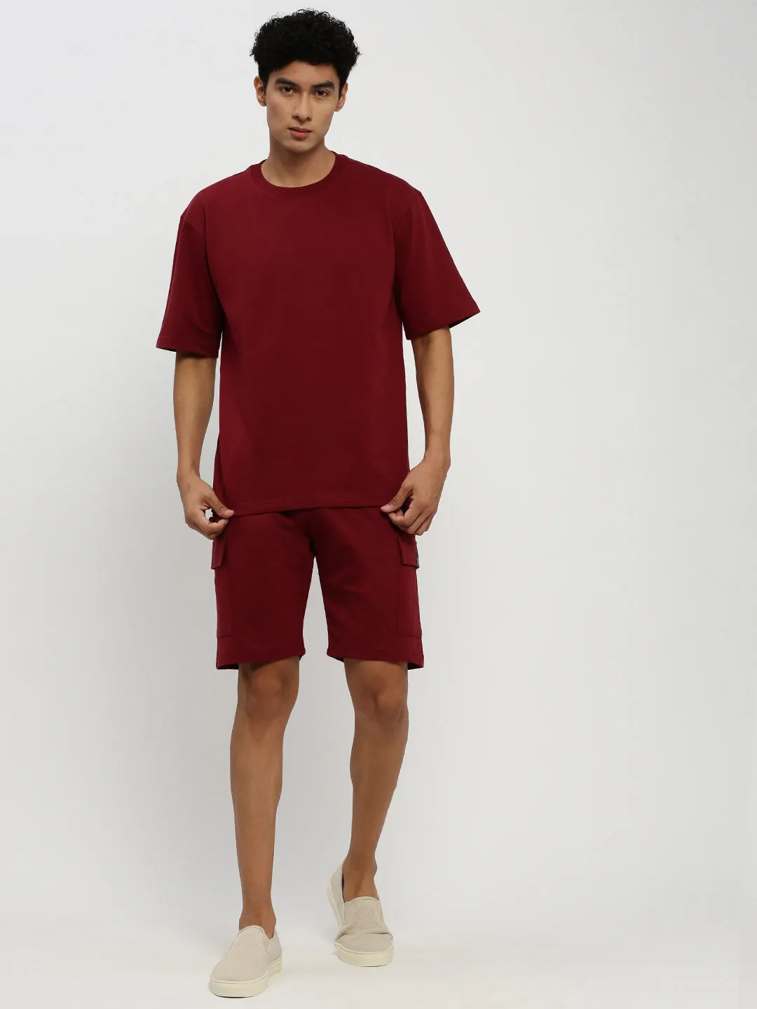Men Maroon Solid Co ordSet