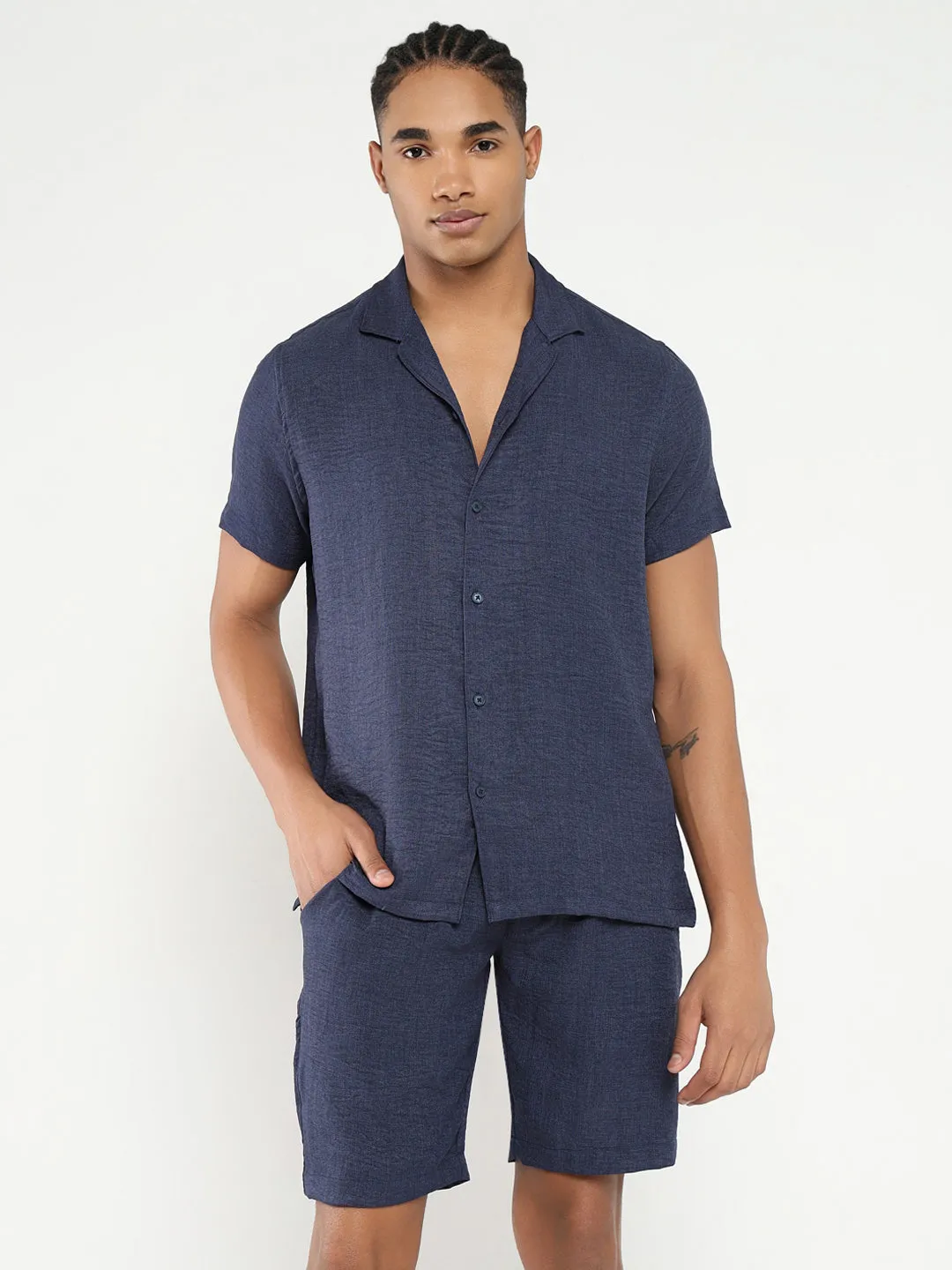 Men Navy Blue Solid Co Ords Set