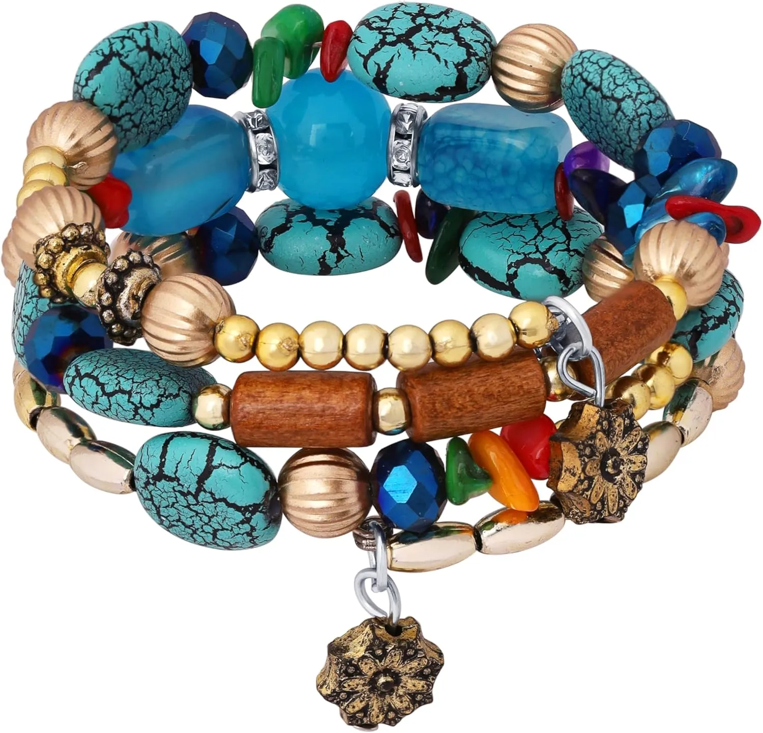 MINACHI Summer Boho Retro Style Multilayer Wrap Irregular Beads with Golden Flower Charm Bracelets, Blue Tone, Ethnic Jewelry for Women
