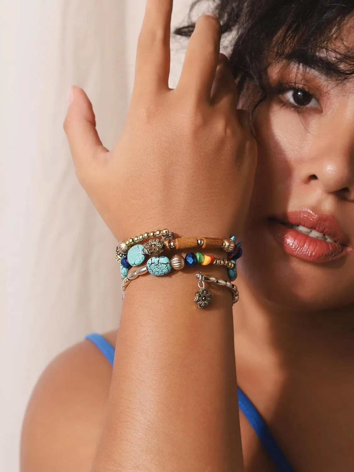 MINACHI Summer Boho Retro Style Multilayer Wrap Irregular Beads with Golden Flower Charm Bracelets, Blue Tone, Ethnic Jewelry for Women