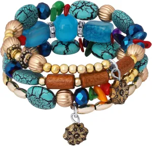 MINACHI Summer Boho Retro Style Multilayer Wrap Irregular Beads with Golden Flower Charm Bracelets, Blue Tone, Ethnic Jewelry for Women