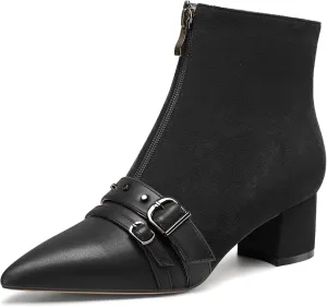 NobleOnly Womens Mid Block Heel Pointed Toe Studded Rivets Patchwork Ankle Boots Short Bootie Buckle Zipper Prom Dress Shoes 2.0 Inches Heels