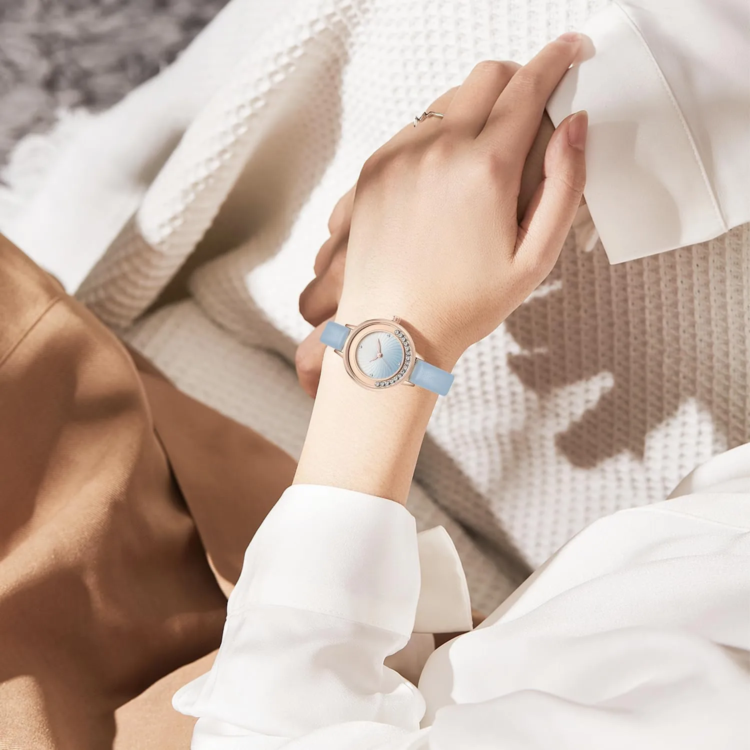 NUOVO Women's Leather Strap Bezel Crystal Accented Rose Gold Case Elegant Ladies Colorful Watch