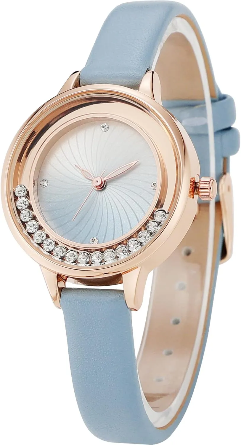 NUOVO Women's Leather Strap Bezel Crystal Accented Rose Gold Case Elegant Ladies Colorful Watch