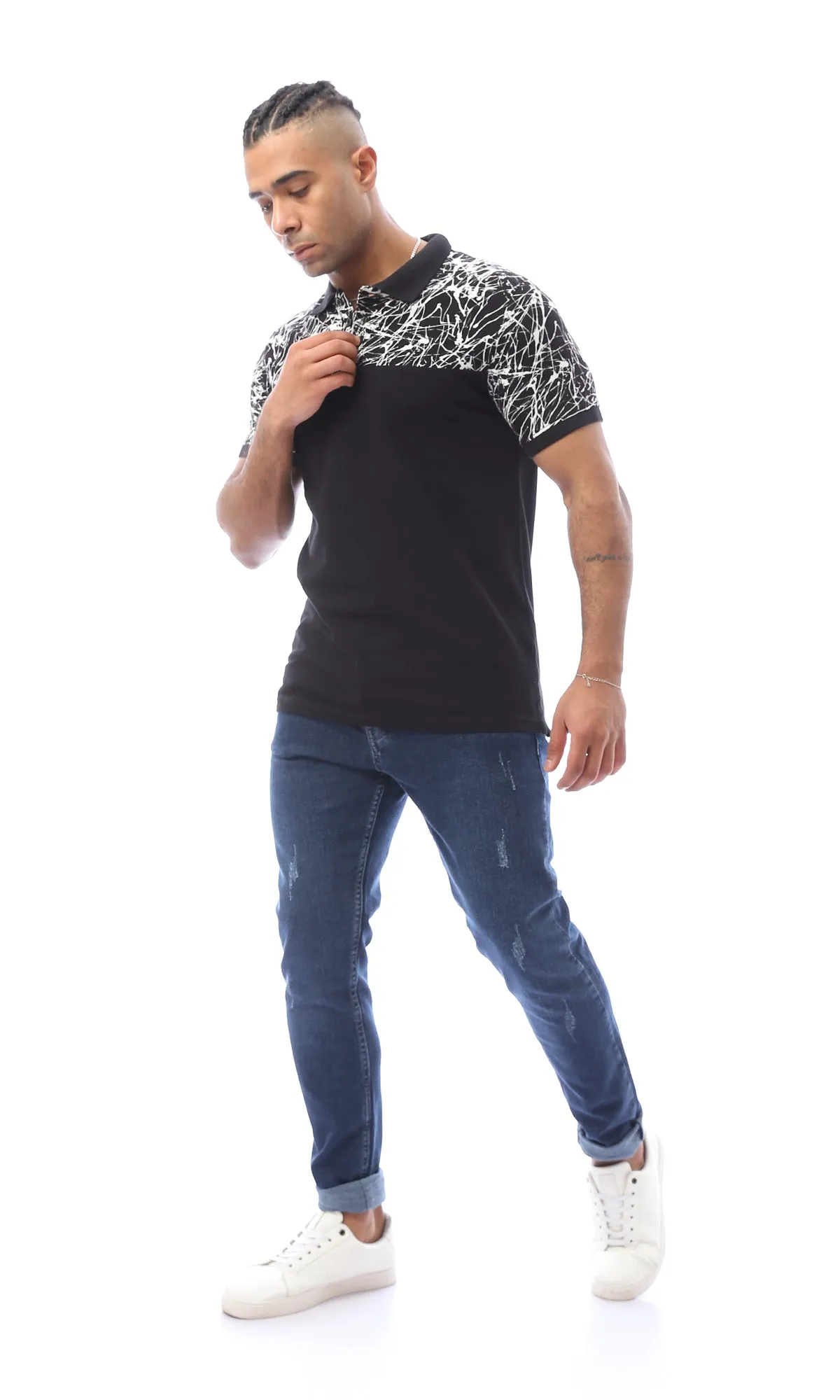 O166550 Patterned Shoulders & Solid Polo Shirt - Black & White