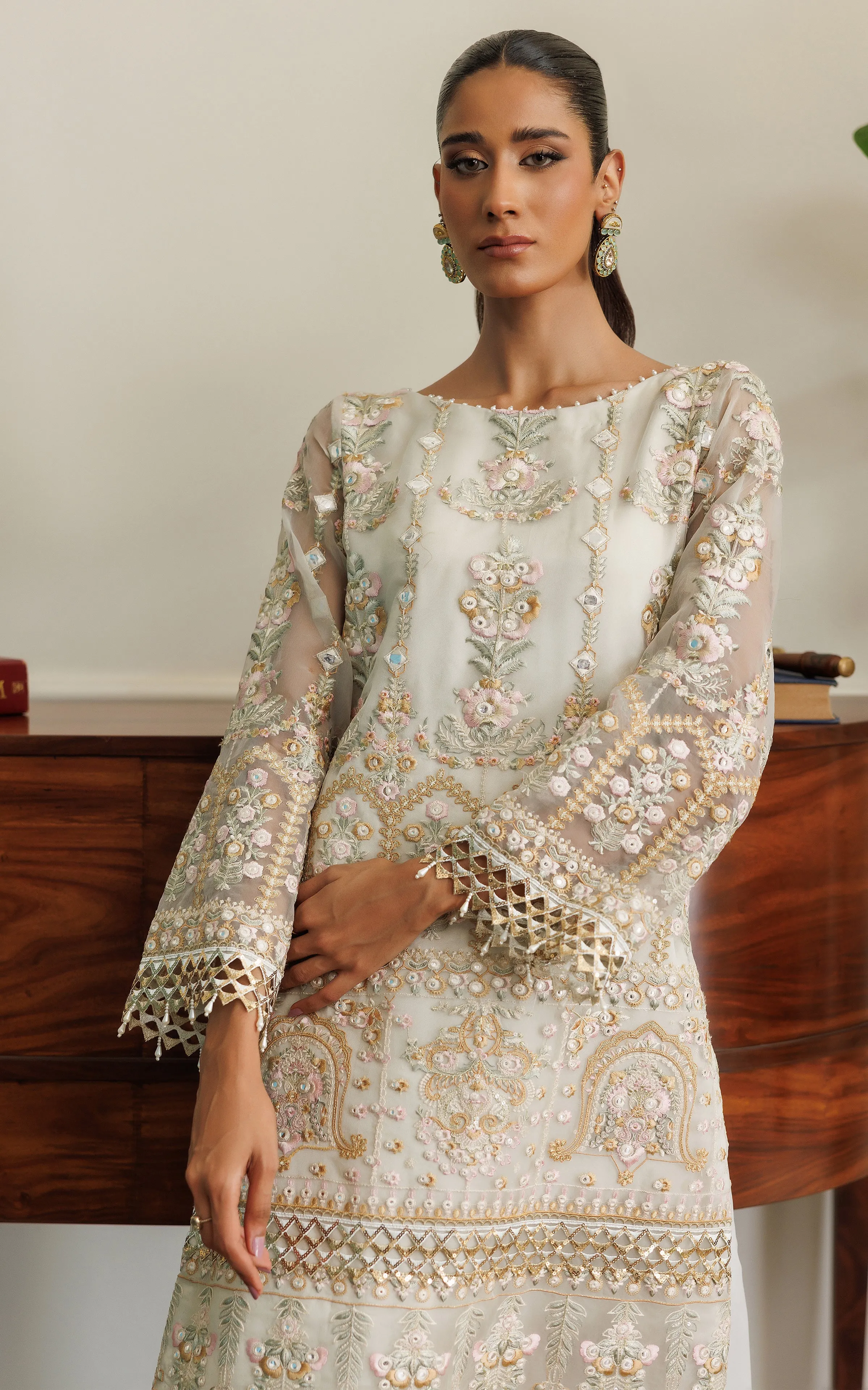 Organza Embroidered Shirt With Skirt
