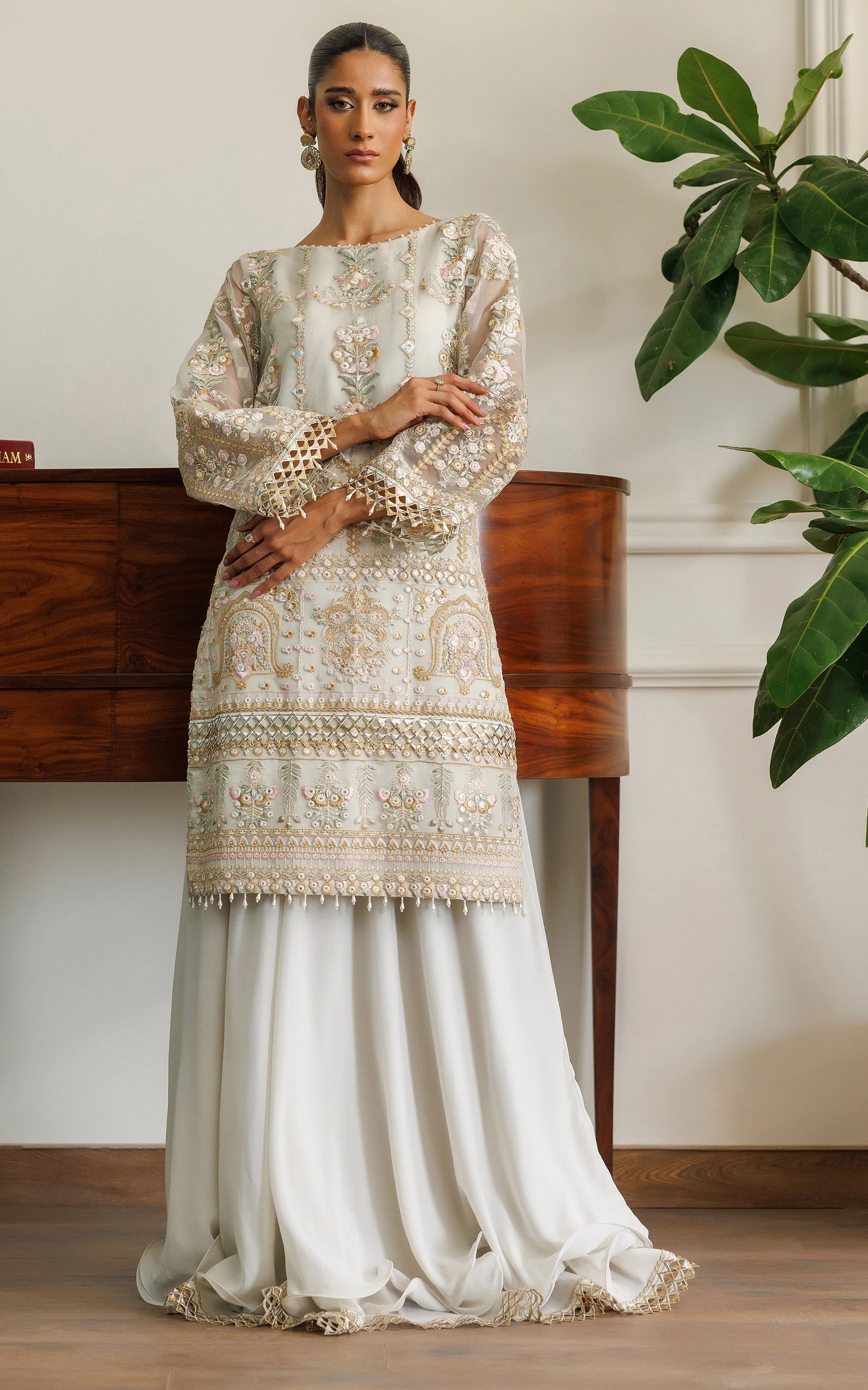 Organza Embroidered Shirt With Skirt