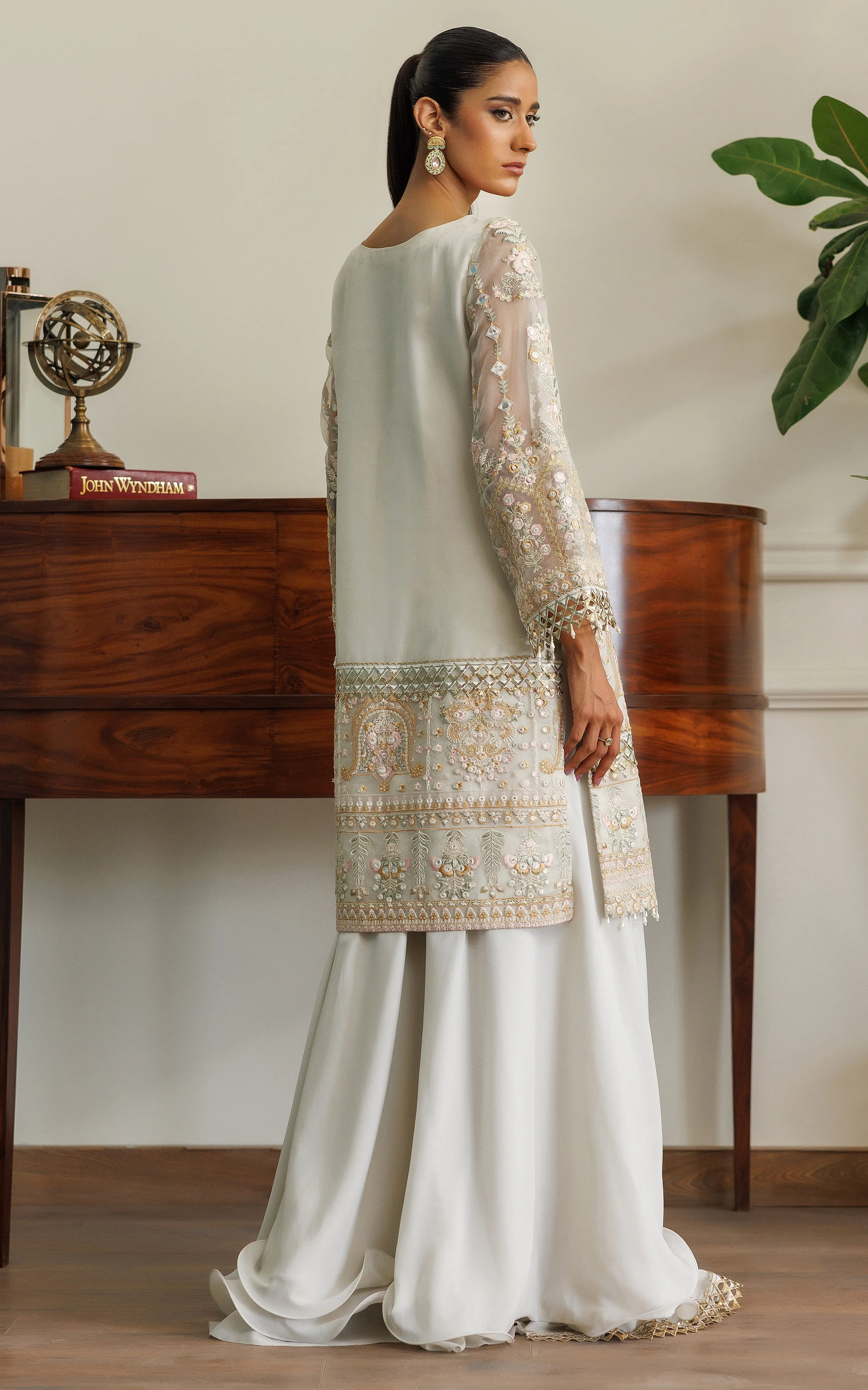 Organza Embroidered Shirt With Skirt