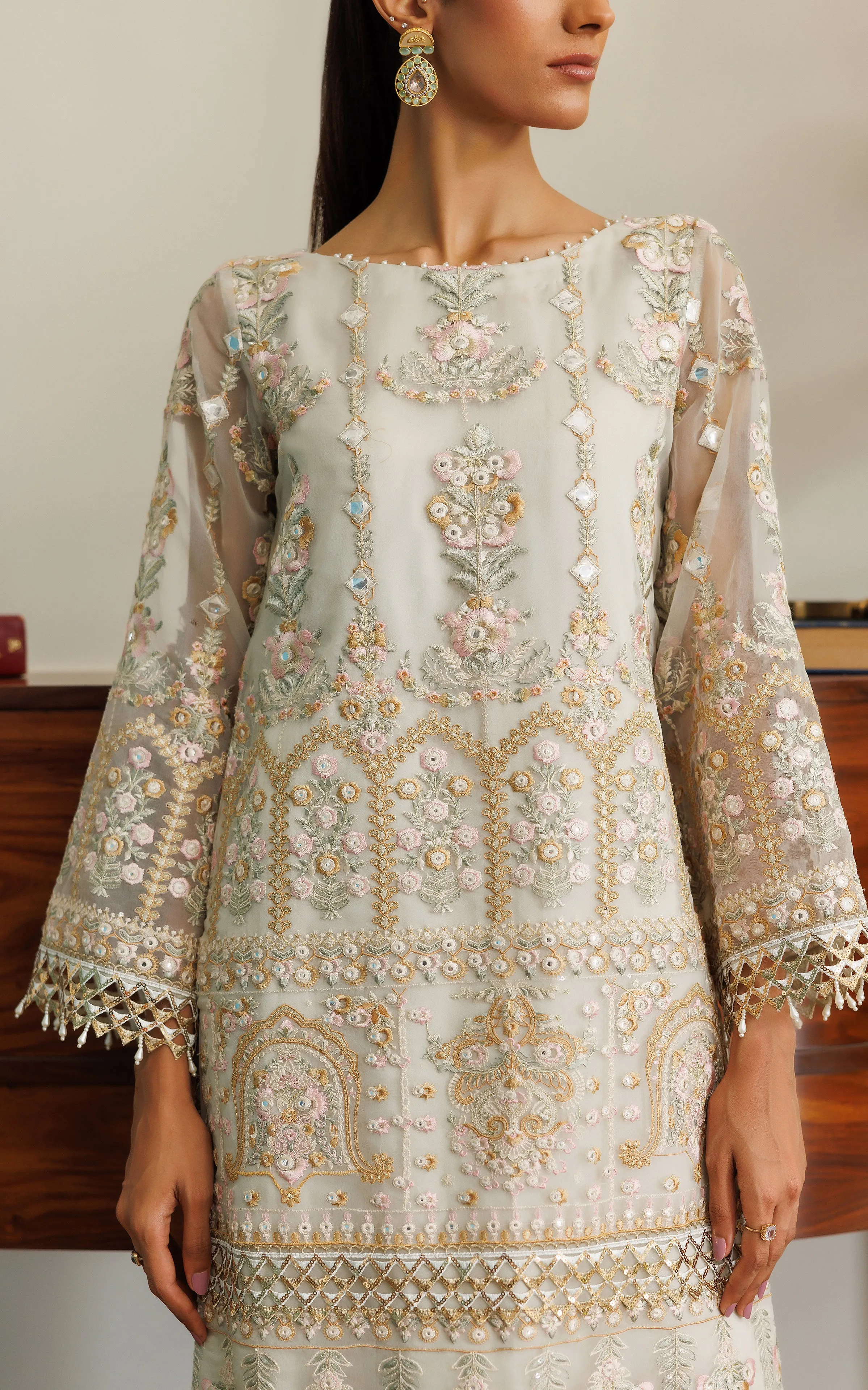 Organza Embroidered Shirt With Skirt