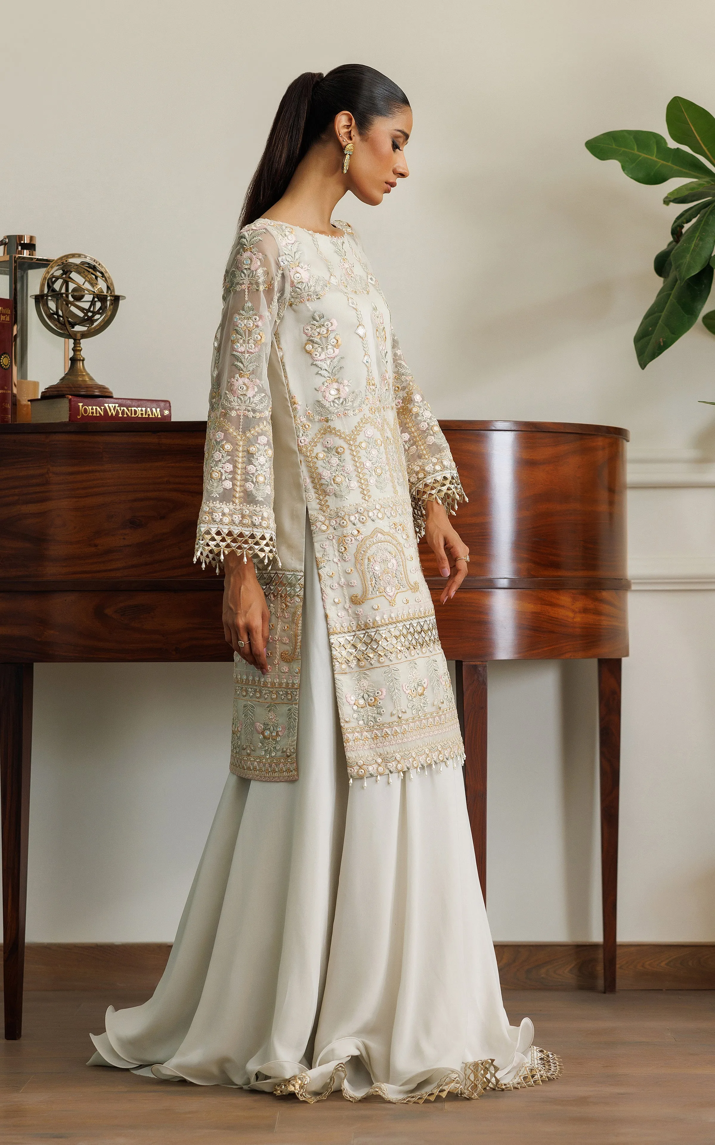 Organza Embroidered Shirt With Skirt
