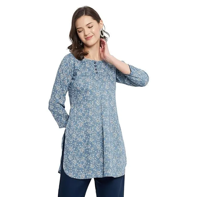 Rayon Blue & White Floral Printed Kurti