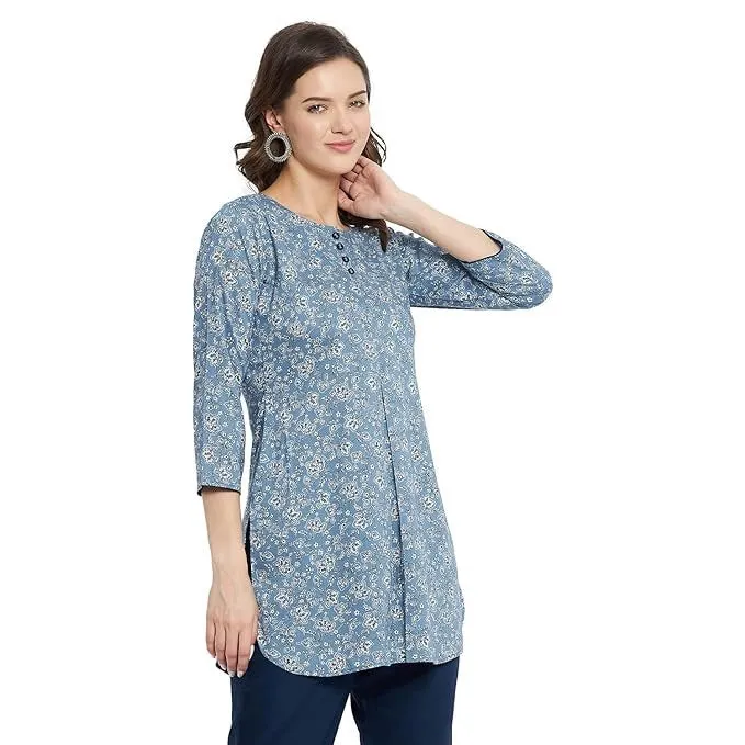 Rayon Blue & White Floral Printed Kurti