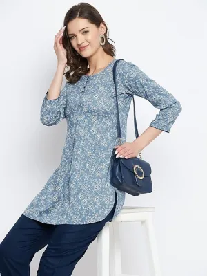 Rayon Blue & White Floral Printed Kurti