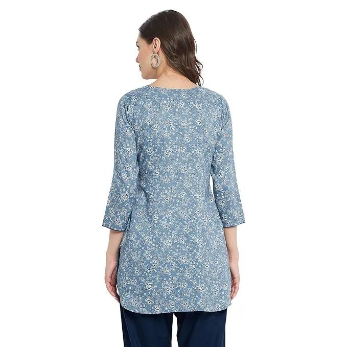 Rayon Blue & White Floral Printed Kurti