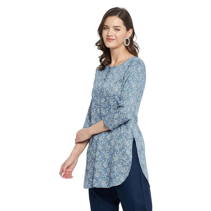 Rayon Blue & White Floral Printed Kurti