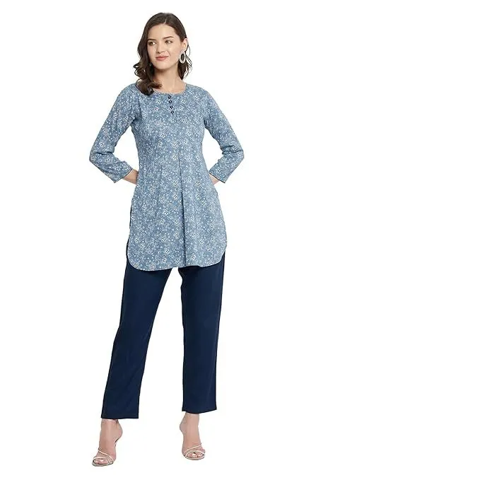 Rayon Blue & White Floral Printed Kurti