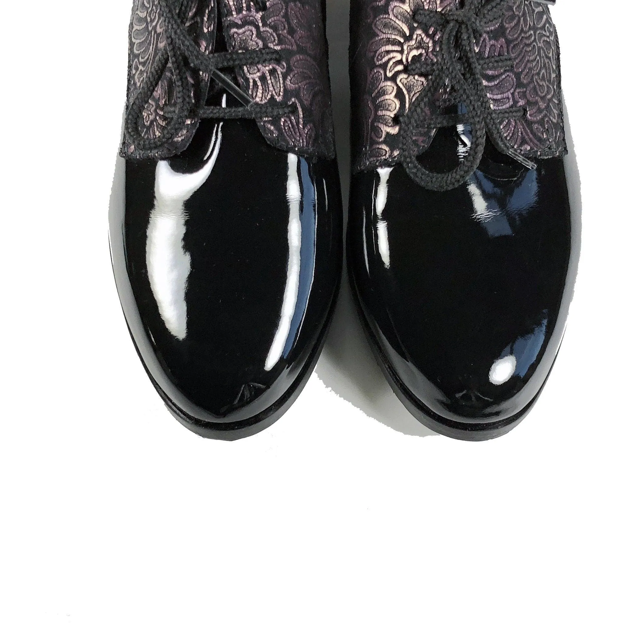 'Renee'  Black vegan-patent leather/textile oxfords by Zette Shoes