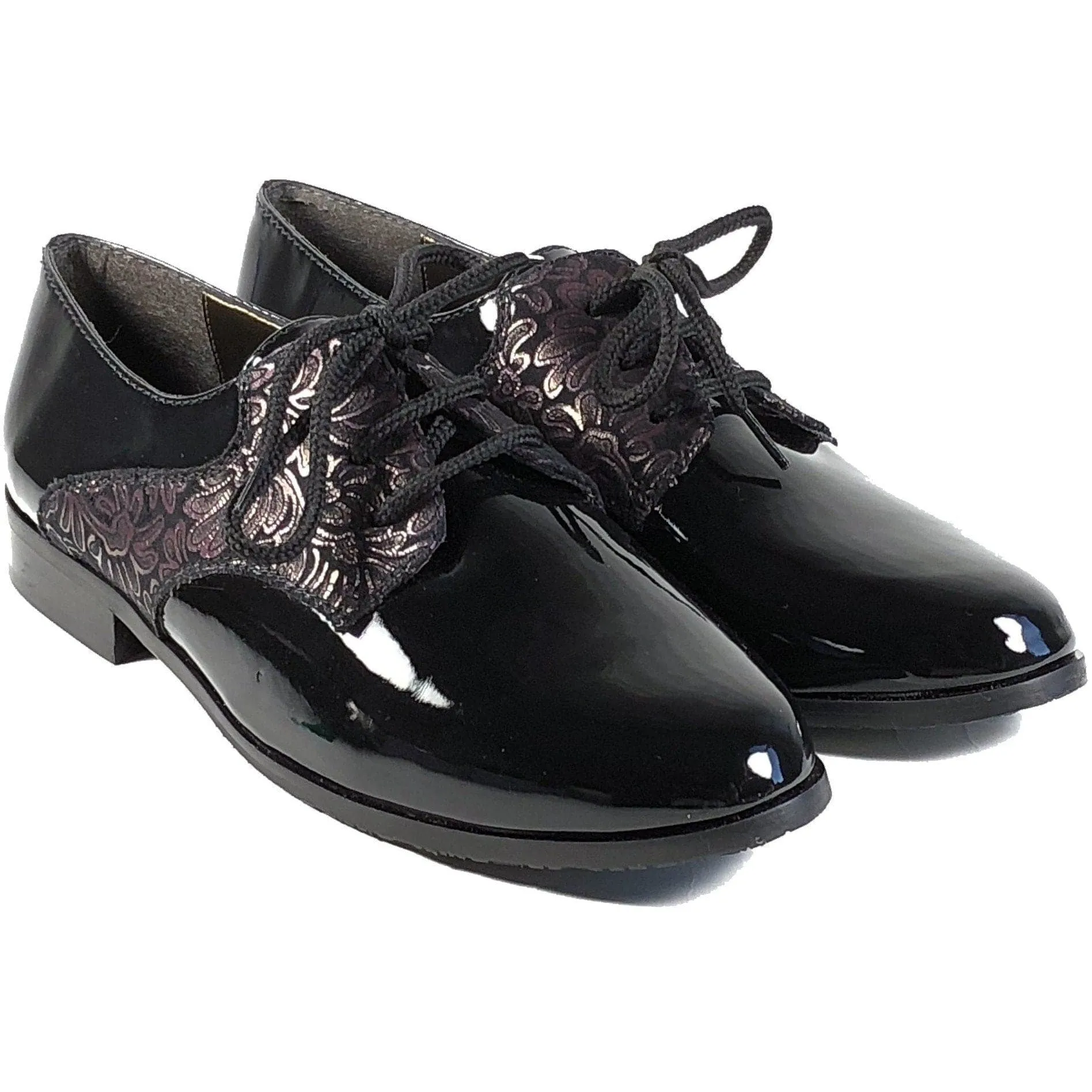 'Renee'  Black vegan-patent leather/textile oxfords by Zette Shoes