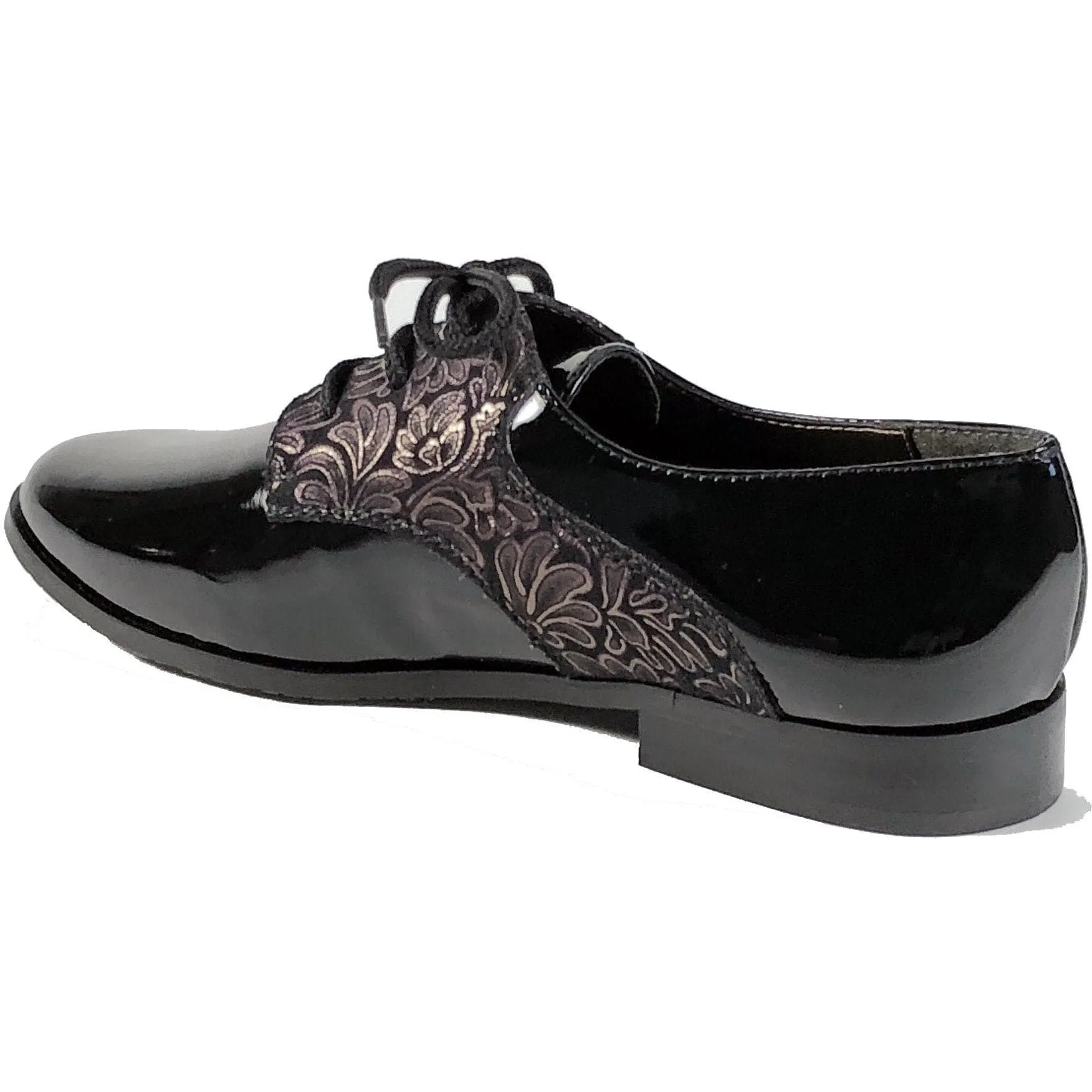 'Renee'  Black vegan-patent leather/textile oxfords by Zette Shoes