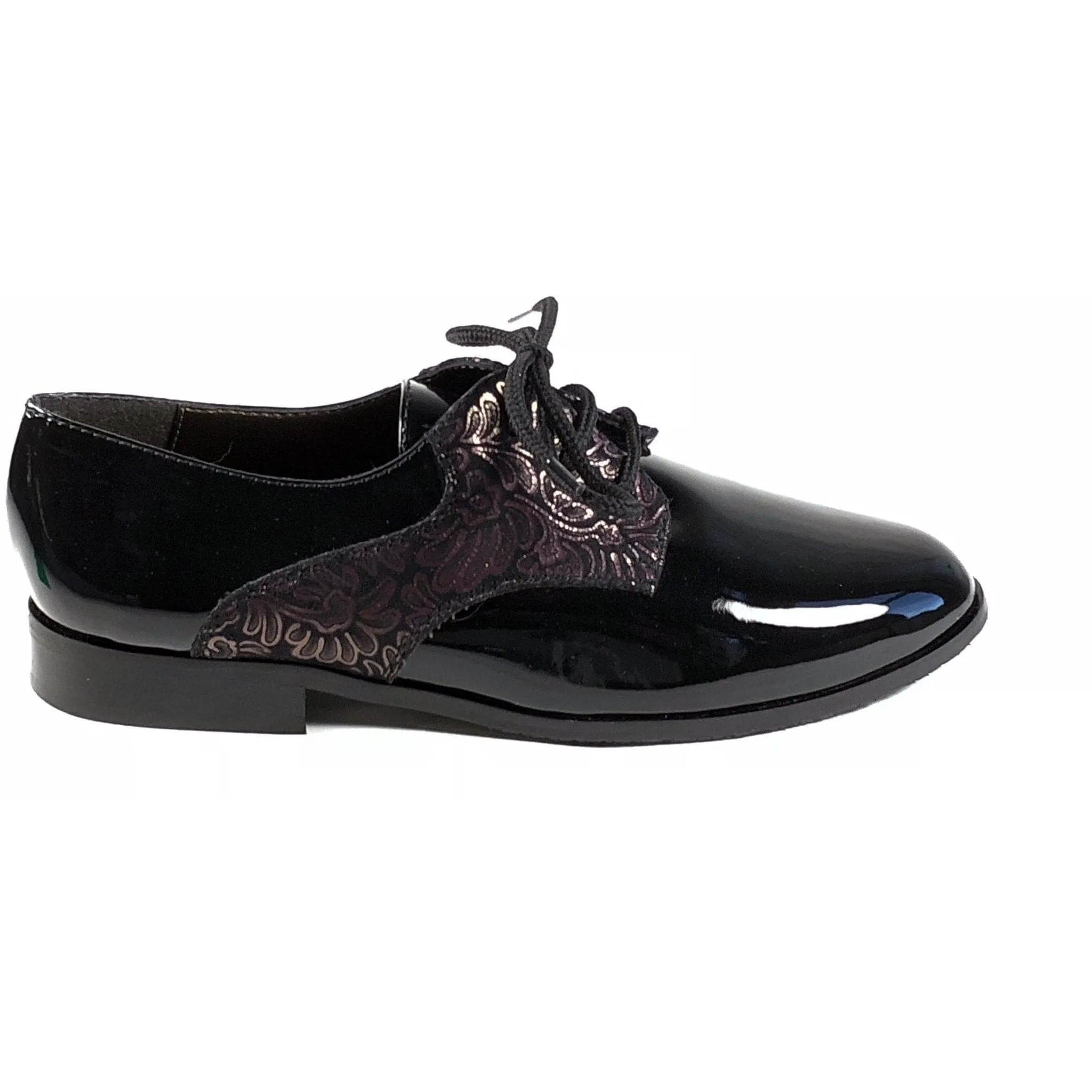 'Renee'  Black vegan-patent leather/textile oxfords by Zette Shoes