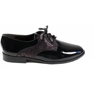 'Renee'  Black vegan-patent leather/textile oxfords by Zette Shoes