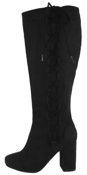Soda Women's Knee High Side Lace Closed Toe Chunky Stacked Block Heel Boot