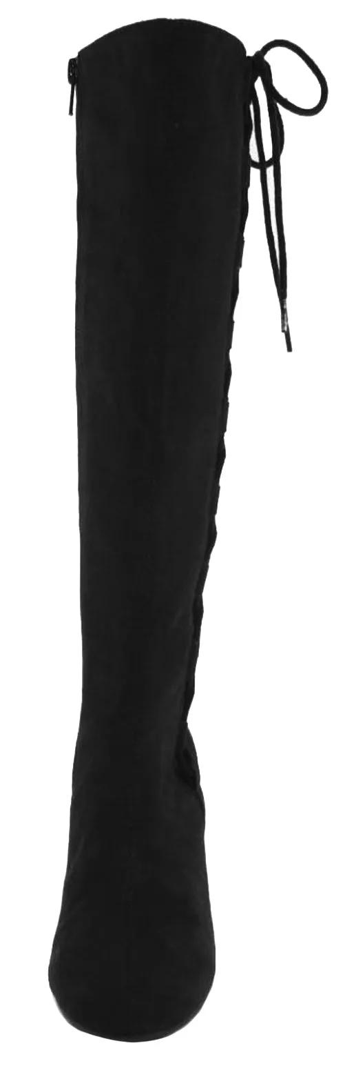 Soda Women's Knee High Side Lace Closed Toe Chunky Stacked Block Heel Boot