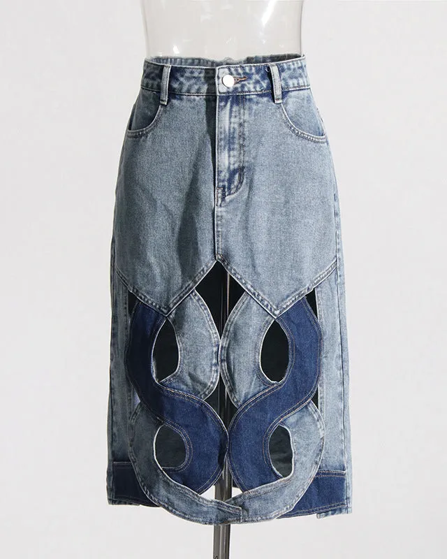 Spliced Hollow Casual Mid-Length Denim Skirt