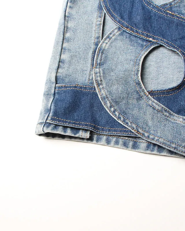 Spliced Hollow Casual Mid-Length Denim Skirt