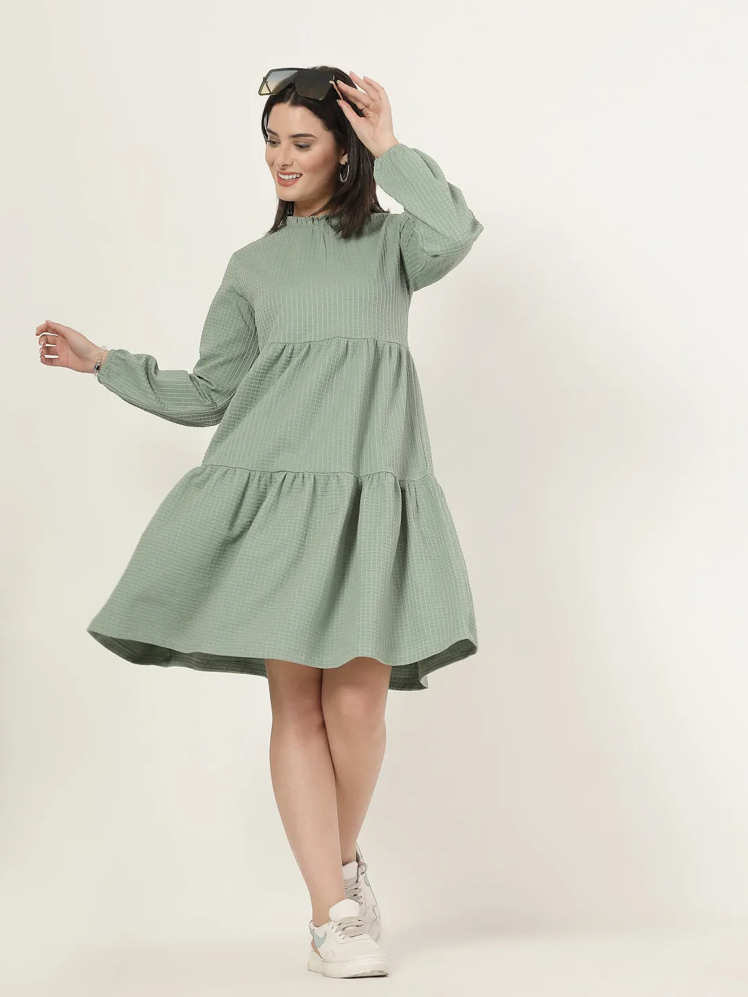 Style Quotient Women Green Waffle checks Knit Dress