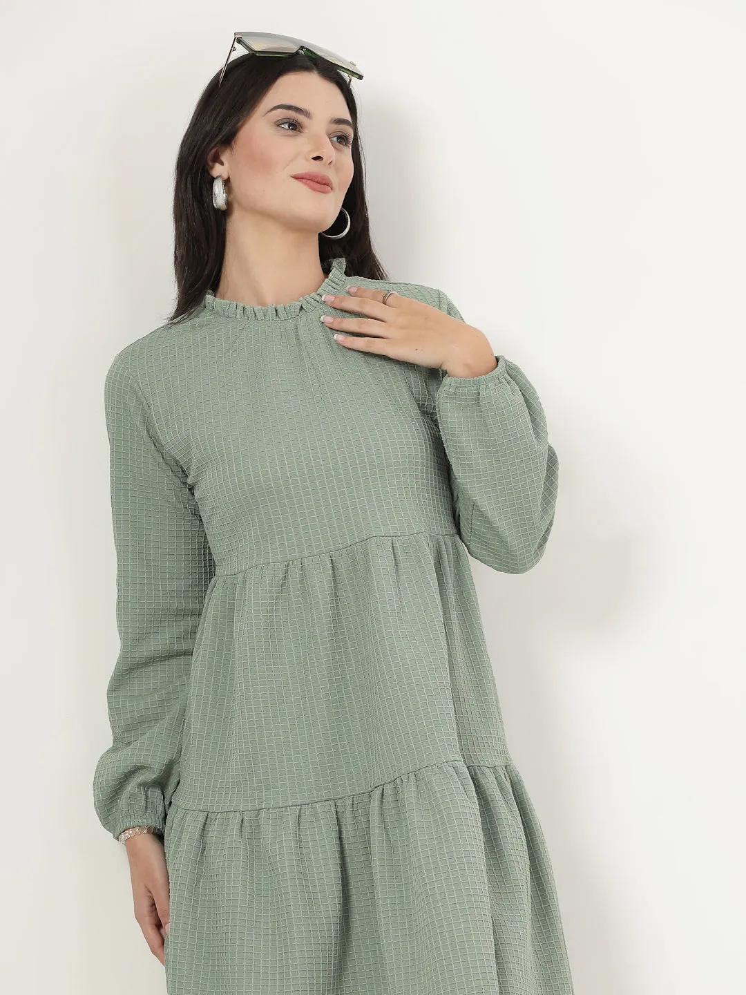 Style Quotient Women Green Waffle checks Knit Dress