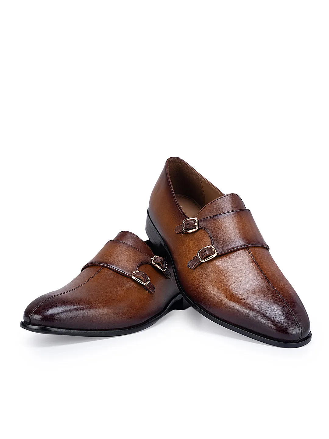Tan Plain Double Monk Strap Shoes