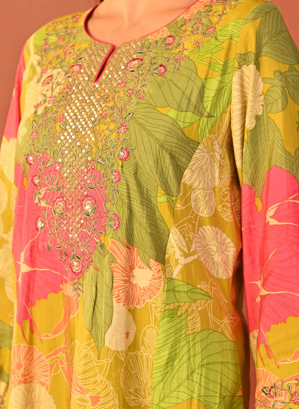 Tarana Lime Green Printed Chanderi Kurta Set for Women