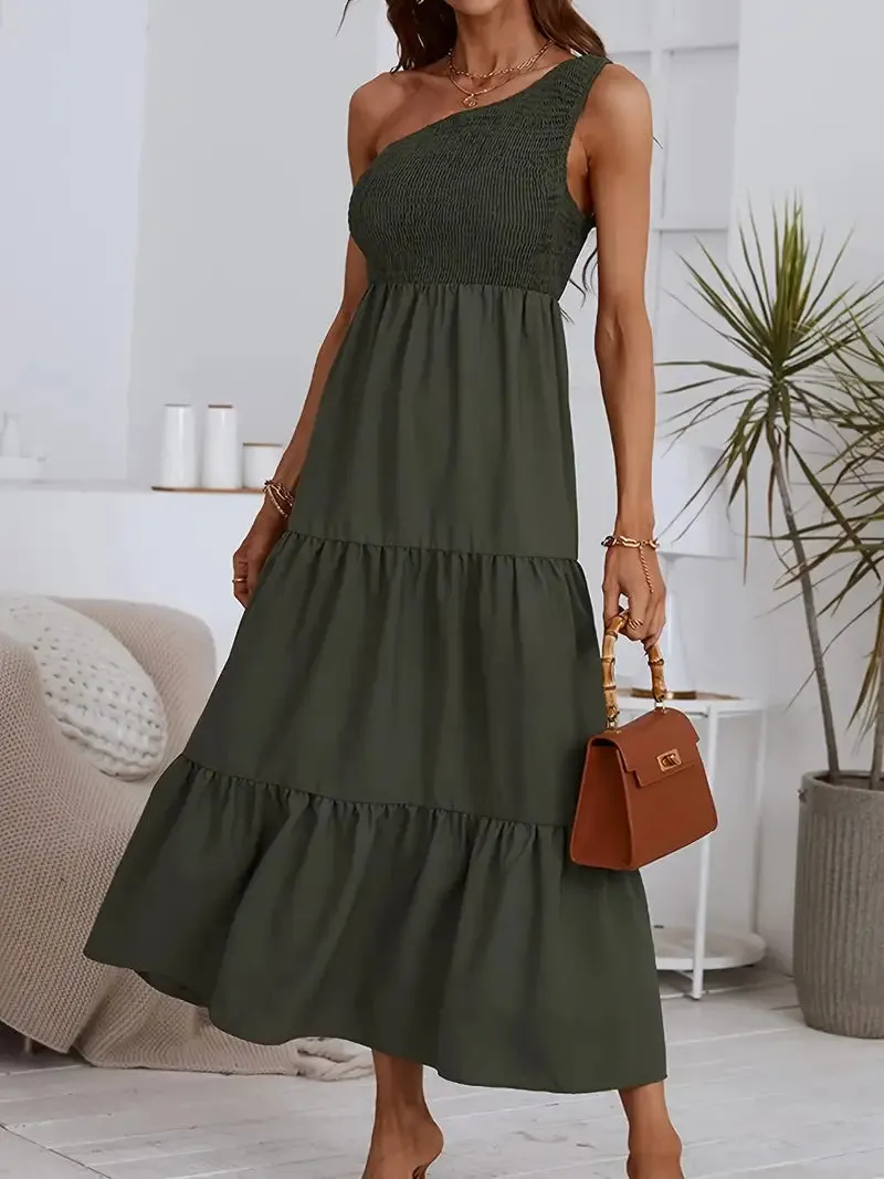 TastyHottie - Black One Shoulder Ruffles Maxi Dress