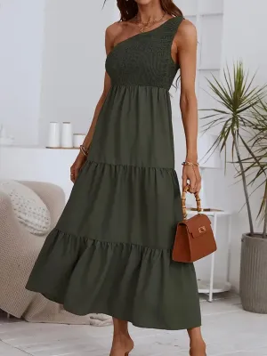 TastyHottie - Black One Shoulder Ruffles Maxi Dress