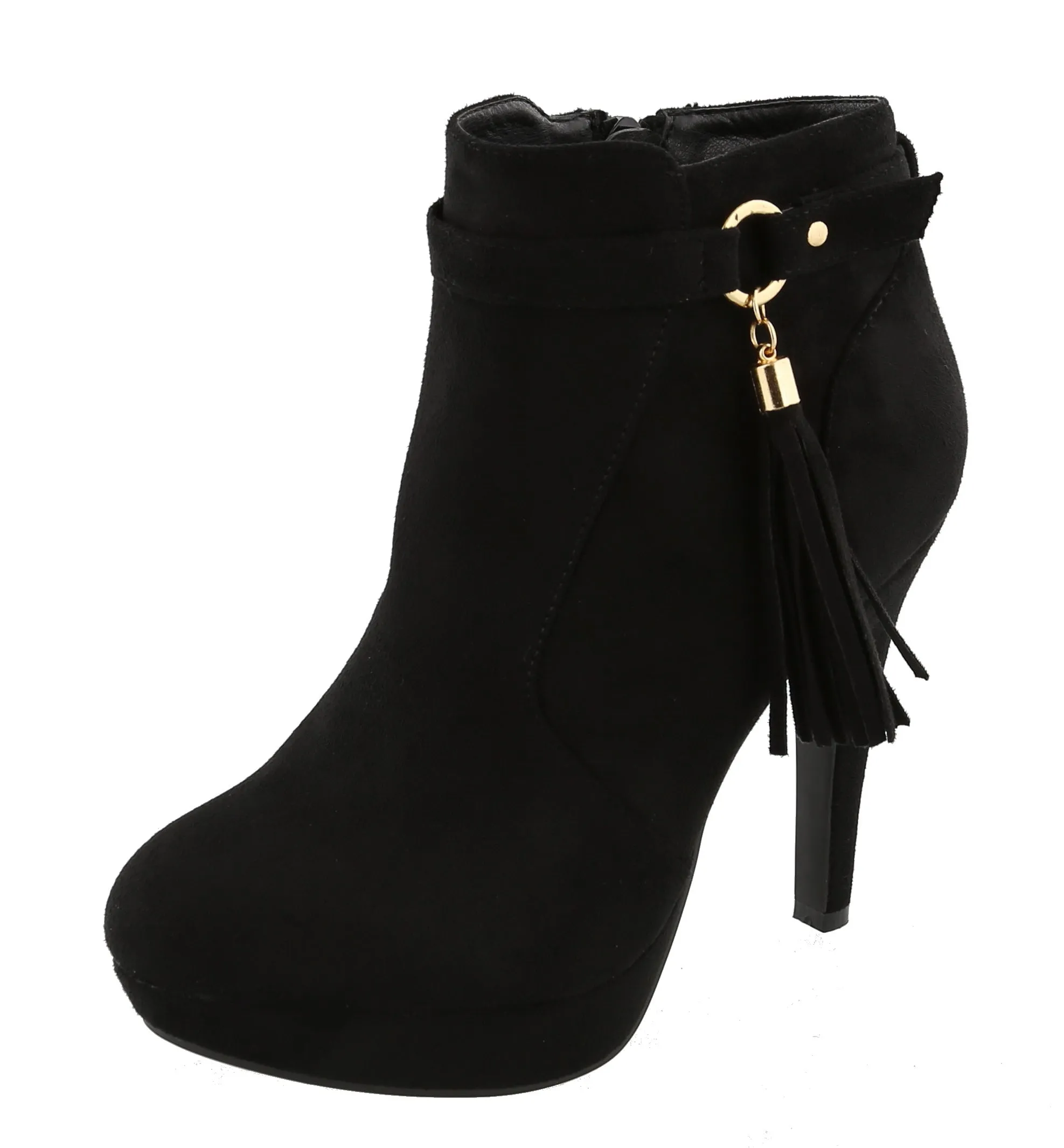 Top Moda Women's Closed Almond Toe Tassel Platform Stiletto Heel Ankle Bootie