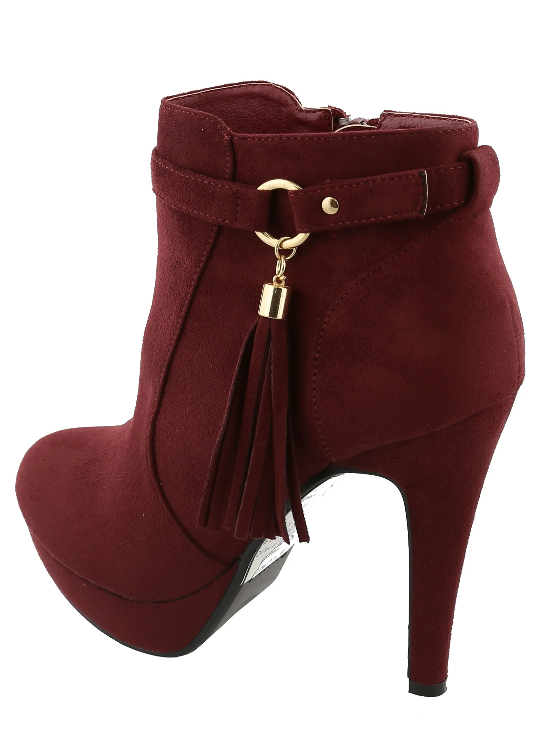 Top Moda Women's Closed Almond Toe Tassel Platform Stiletto Heel Ankle Bootie
