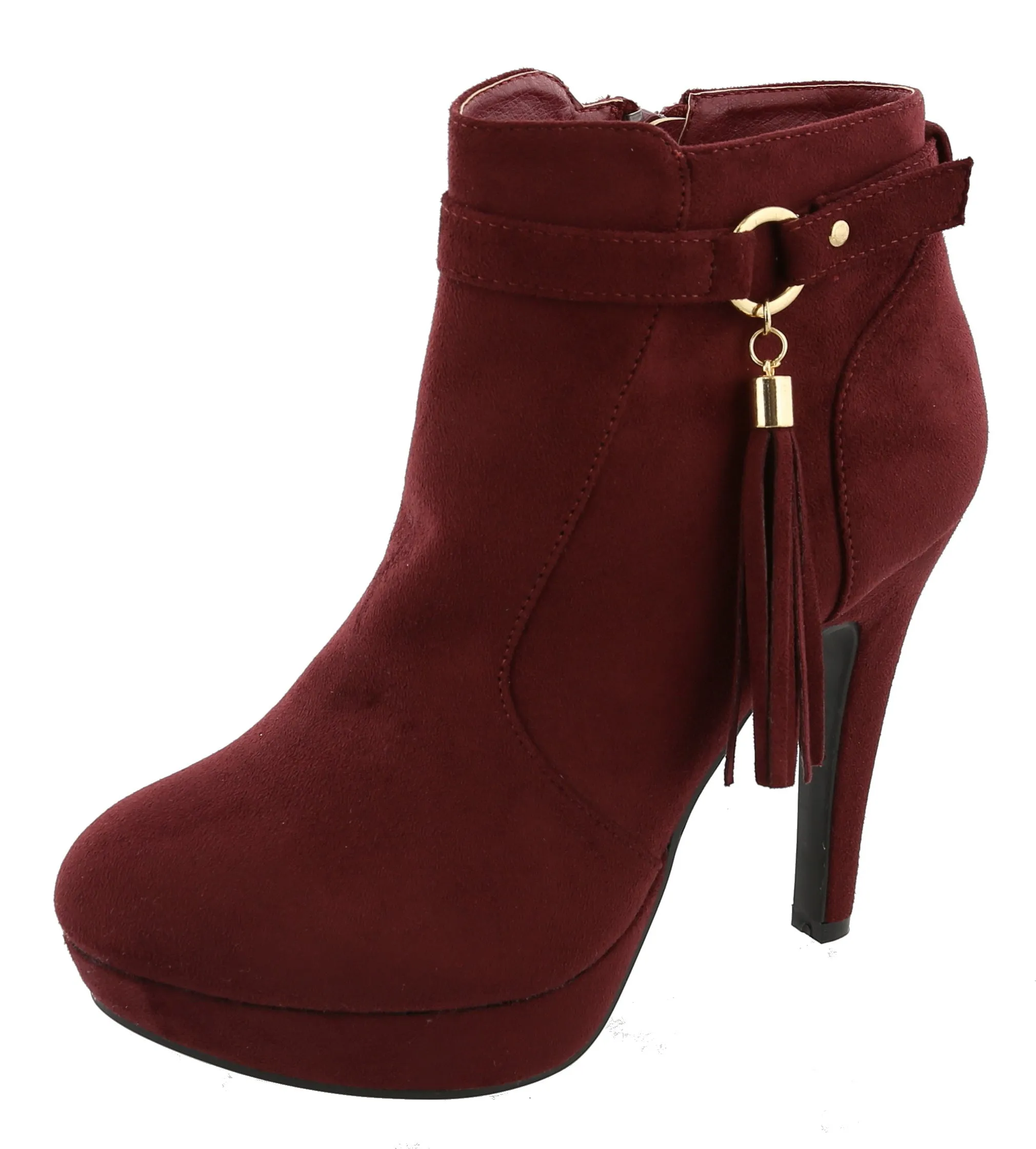 Top Moda Women's Closed Almond Toe Tassel Platform Stiletto Heel Ankle Bootie