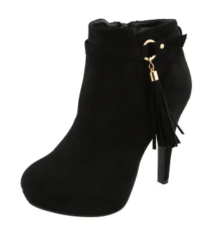 Top Moda Women's Closed Almond Toe Tassel Platform Stiletto Heel Ankle Bootie