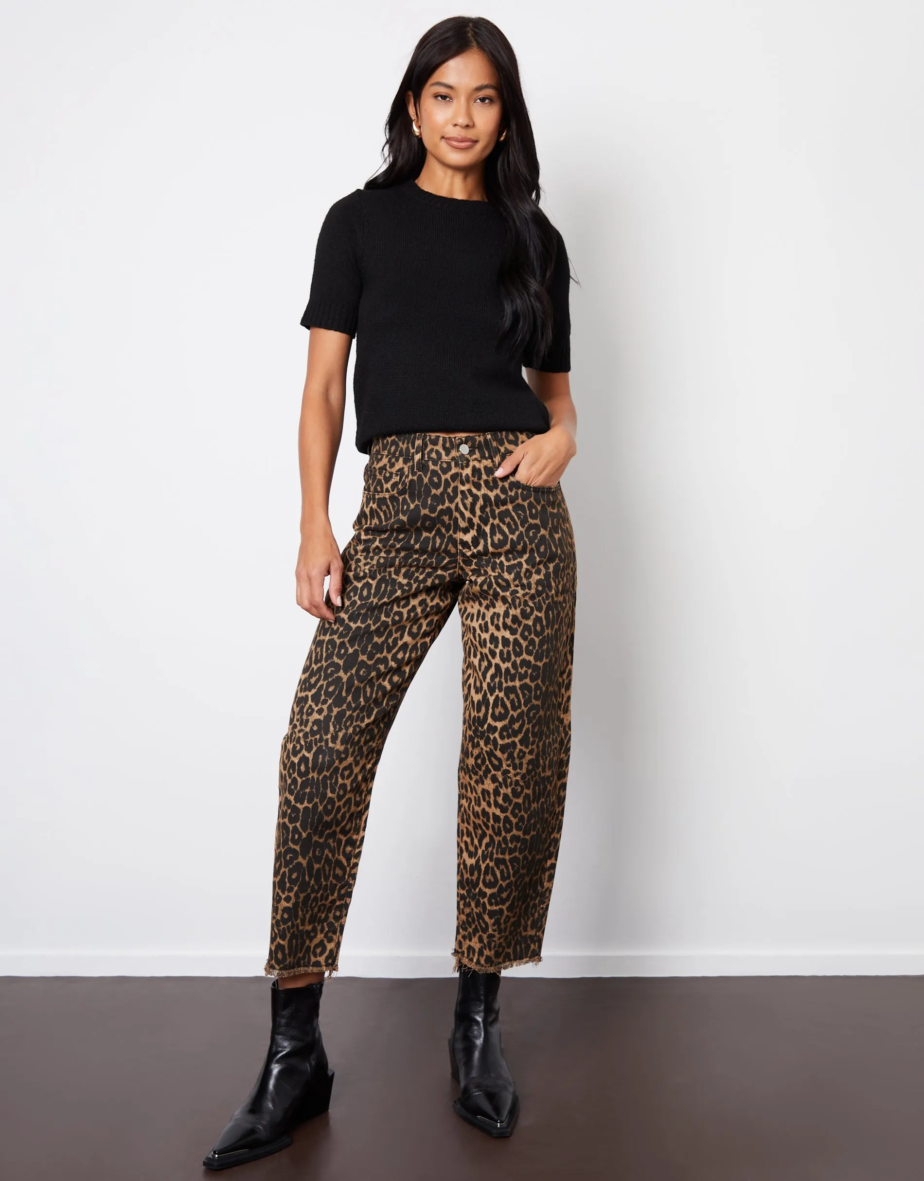 Women's Leopard Print Barrel Leg Denim Jeans